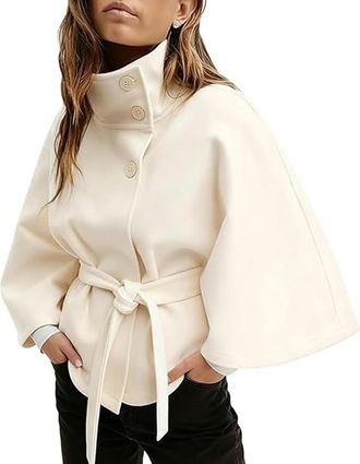 Generic Women Batwing Sleeve Ponchos Pea Coat Wool Stand Collar Belt Capes Jacket Trendy Stand Collar Belted Cloak Cape Wool Coats (3,M)