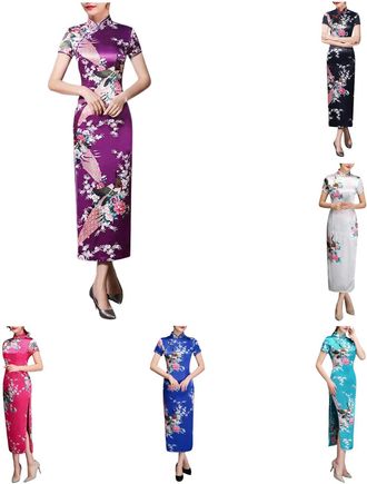 Generic Women Cheongsam Traditional Chinese Dress Side Slit Slim Fit Midi Dress Mandarin Collar Cocktail Floral Bodycon Uniform Qipao Print Vintage Dress Tren
