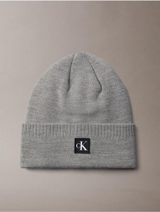 Calvin Klein Mens Monogram Embroidery Cuff Beanie - Grey