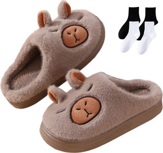 Generic Capybara Slippers for Women Men, Cute Plush Cartoon Slippers, Winter Warm with Non-slip Thick Sole (Coffee, One Size, Adult, Women, 9.5, Numeric Range