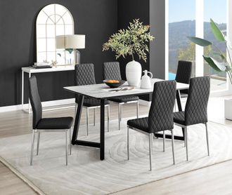 Furniturebox Carson White Marble Effect Dining Table & 6 Milan Chrome Leg Chairs in Black