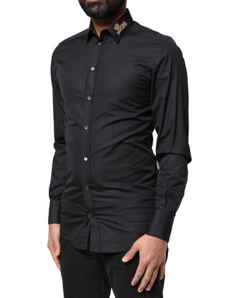 Dolce & Gabbana Mens Black Love Embroidery Gold Formal Dress Shirt Cotton