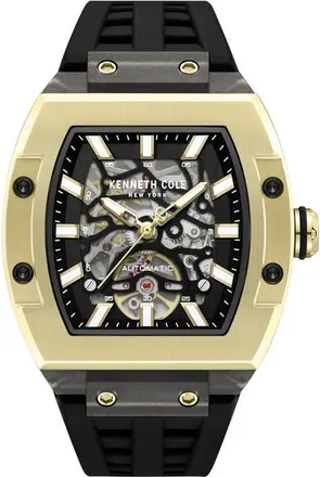 Kenneth Cole Skeleton Tonneau Automatic Silicone Strap Watch, 41.5mm x 53.5mm in Black at Nordstrom