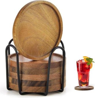 OEM Juego De 6 Posavasos De Madera Para Vasos, Posavasos De Madera De Acacia Con Soporte, Posavasos De Vidrio Para Bebidas, Bar, Vasos De 10 Cm