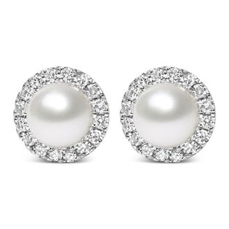 House of Brilliance 10K White Gold 4.5mm Cultured Freshwater Pearl and 1/7 Cttw Diamond Halo Stud Earring