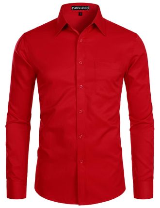 PARKLEES Mens Long Sleeve Dress Shirt Solid Slim Fit Casual Business Formal Button Up Shirts with Pocket Red 2XL
