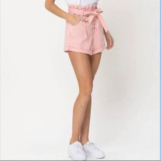 Flying Monkey Super High Rise Front Tie Paperbag Mom Shorts In Soft Pink