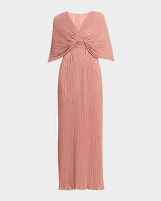 Aidan Mattox Pleated Metallic Chiffon Column Gown