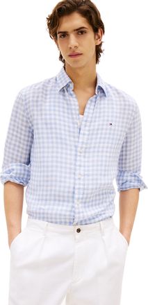 Tommy Hilfiger Mens Long Sleeve Casual Linen Button Down in Regular Fit Long Sleeve Casual Linen Button Placket in Regular Fit, Breezy Blue/Check, S