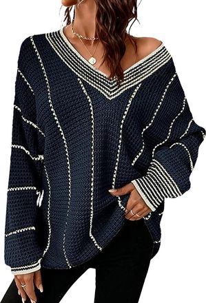 Generic Plus Size Oversized Sweaters for Women Womens Oversized Striped Sweaters Casual V Neck Color Block Knit Pullover Dark Blue X-Large