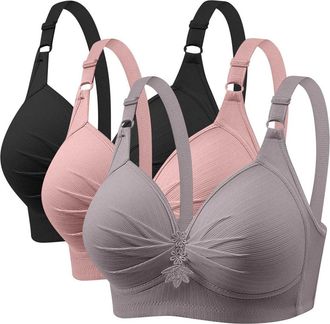 Generic 3 Pack Bras for Women Sexy Deep V and Coverage Comfy Ladies Bras Sexy Floral Lace Comfit Padded Support Bralettes Plus Size Wireless Seamless Front Op