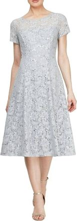 SLNY Cap Sleeve Tea Length Sequin Lace Dress In Silver