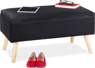 Relaxdays Relaxdays - Ba&uacute;l Almacenamiento, Funda Terciopelo, 40 L, Acolchado, Patas Madera, Asiento Almacenaje, 41x80x40 Cm, Negro