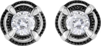 House of Brilliance Black Rhodium Plated.925 Sterling Silver Round Diamond Double Halo 4-Prong Solitaire Milgrain Stud Earrings