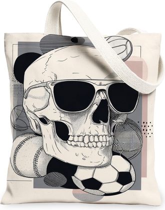 Generic Skull Graphic Canvas Tote Bags, Edgy Sporty Design Reusable Shopping Bags, Lightweight Washable Shoulder Strap Canvas for G, Beige, 13x15 Inch