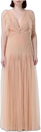 Elisabetta Franchi Rode Loper Jurk in Tule met Ruches en Juweel - Dames - Avondkleed - Beige - M - Tule - Kleedjes