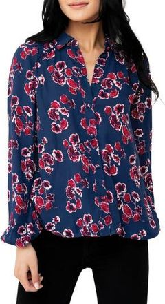 Gibsonlook Button Front Blouson Sleeve Blouse in Blue Depths Floral at Nordstrom Rack, Size Xx-Small