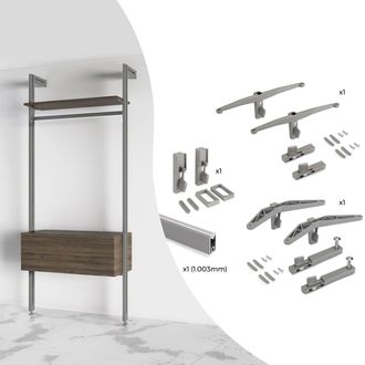 Emuca Kit De Soportes Para 1 Estante De Madera, 1 M&oacute;dulo Y 1 Barra De Colgar De Longitud 1m Zero, Zamak, Pintado Color Gris Piedra - Emuca