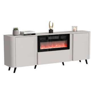 Dmora Aparador Briano, Aparador De Sal&oacute;n Con Dos Puertas Batientes, Puerta Abatible Y Chimenea El&eacute;ctrica, Elevado Del Suelo, 191 X 40 X 69 Cm, Beige