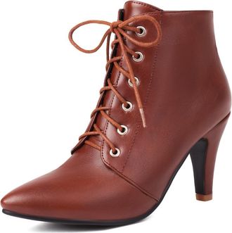 Generic Womens Ankle Boots Faux Leather Lace-Up Pointed Toe Stiletto Heels Metal Eyelets Slim Fit Soft Inner Lining Durable Non-Slip Outsole Sleek Design,Brow