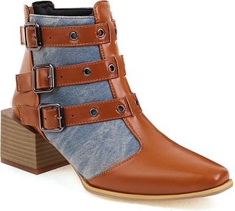 Generic Womens Ankle Boots Patchwork Denim Lace Multi Buckle Pointed Toe Block Heels Comfortable Non Slip Durable for Party Night Out Street Fashion,Light Blu