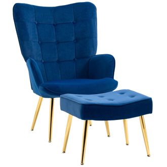 HOMCOM Armchair - Living Room Chair - Velvet Accent Chair with Footstool for Bedroom - Home Study - Dark Blue | TJ Hughes Green