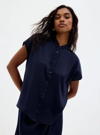 Contemporaine Womens Flowy satin cap-sleeve blouse