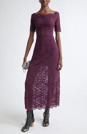 Paco Rabanne Off the Shoulder Stretch Lace Maxi Dress in Magenta Purple at Nordstrom, Size 40