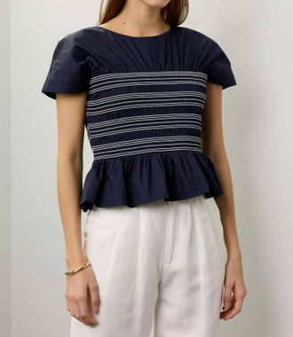 Peter Som Ruffle Smocked Short Sleeve Blouse In Navy