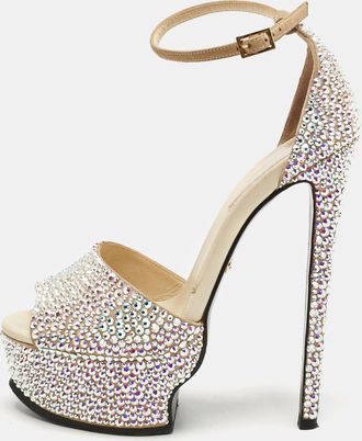 Roberto Cavalli Beige Suede Crystals Embellished Platform Sandals