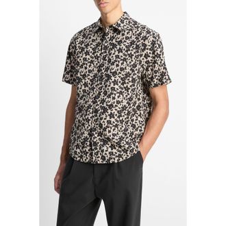 Vince Star Lily Floral Short Sleeve Lyocell & Cotton Button-Up Shirt in Putty/Black at Nordstrom, Size Xx-Large