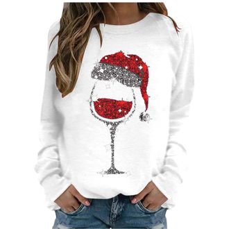 Generic Christmas Sweatshirt for Women UK Funny Wine Glass Graphic Printed Jumper Long Sleeve Crewneck Winter Warm Xmas Holiday Pullover Lightweight Loose Fle