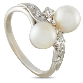 Luxury Bazaar Vintage 18K White Gold 0.16ct Diamond and Pearl Bypass Ring MF04-062625