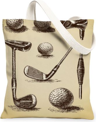 Generic Vintage Golf Equipment Canvas Tote Bags, Artistic Golf Clubs Pattern Reusable Shopping Bags, Lightweight Washable Shoulder, Beige, 13x15 Inch