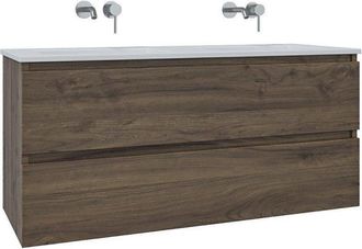 Adema Chaci Badkamermeubelset - 120x46x57cm - 2 keramische wasbakken wit - zonder kraangaten - 2 lades - noten (hout)