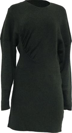 Ganni Ganni Ruched Ribbed-Knit Long Sleeve Mini Dress in Olive Rayon