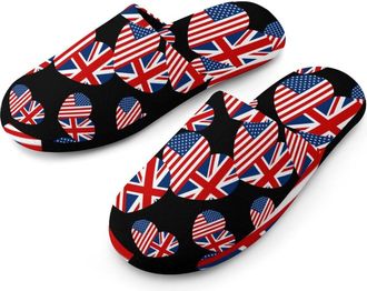 Generic UK & US Heart Flag Flannel Mens Slip-on Slippers Winter Warm House Shoes with Rubber Sole for Home Hotel