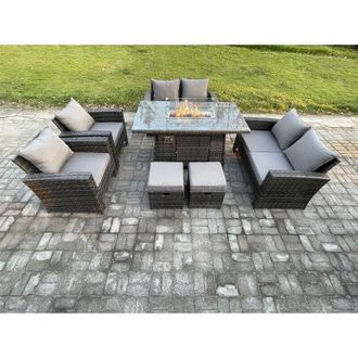 Fimous Wicker pe Rattan Garden Furniture Sets Patio Outdoor Gas Firepit Dining Table Heater Set with Double Seat Sofa 2 Small Footstools Dark Grey Mixed