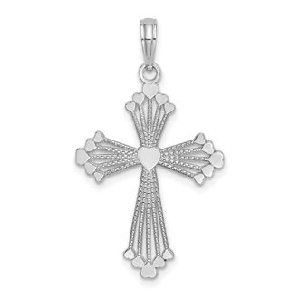 Diamond2Deal 14K White Gold Cut-Out Stripes Cross with Heart Charm Pendant