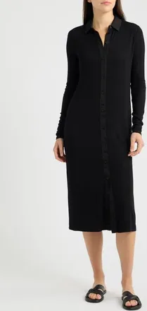 Cloth & Stone Front Button Long Sleeve Rib Midi Dress in Black at Nordstrom, Size X-Small
