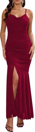 Angel Fashions Womens Elegant Light Burgundy Cocktail Dress Spaghetti Strap Wedding Guest Dress Ruched Detail Slit Long Party Dresses Size 14
