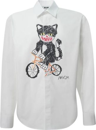 Msgm Lange Mouw Katoen Poplin Overhemd met Print aan de Voorkant - Heren - Casual Overhemden - Wit - L - Katoen - Overhemden