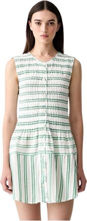 Stine Goya Mouwloze Jurk met Smockdetail - Dames - Korte kleedjes - Groen - S - Katoen - Kleedjes