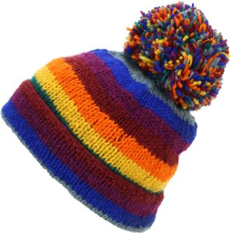 Loud Elephant Hand Knitted Wool Beanie Bobble Hat - Stripe Rainbow 2