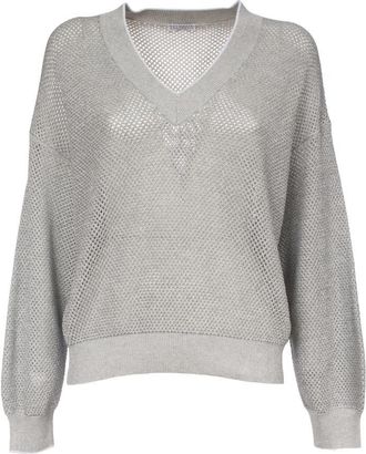 Brunello Cucinelli Light Grey Mesh Sweater, Size X-Large