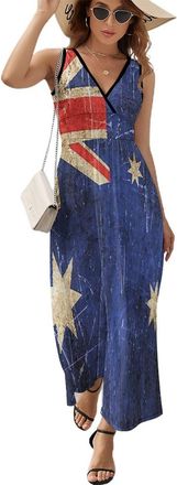 Generic Vintage Australia Australian Flag Womens Sleeveless Dress Casual V-Neck Maxi Dress Sundress 2XL