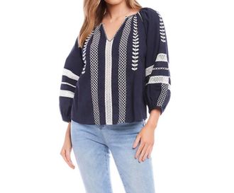Karen Kane Nora Embroidered Peasant Top In Navy/ White