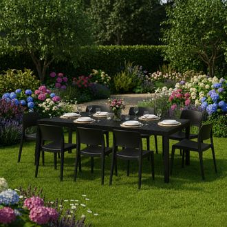 Dmora Set De Sala Exterior Masiba, Conjunto De Jard&iacute;n 8 Plazas, Mesa Extensible Hecho En Italia, Acabado Tipo Listones, Negro Antracita