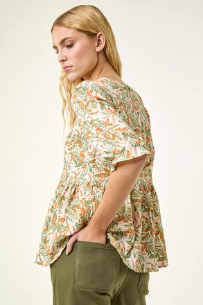Roman Leaf Print Textured Stretch Top