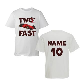 Generic Personalised Two Fast Name T-Shirt, Add Name Number on Back Funny Birthday Party Car Retro Unisex Boys Girls Kids Top (White, 3 Years)